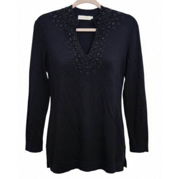 Tory Burch Merino Wool Beaded Tunic Top Black L Embellished V-Neck Long Sleeve - Picture 4 of 15